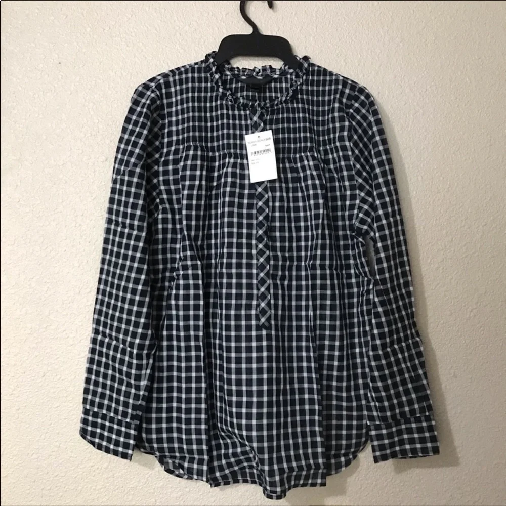 J. Crew Gingham Pleated Bib Ruffle Trim Shirt